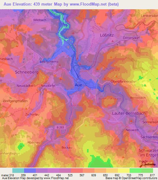 Aue,Germany Elevation Map