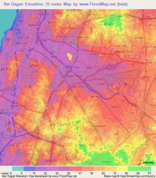 Bet Dagan,Israel Elevation Map