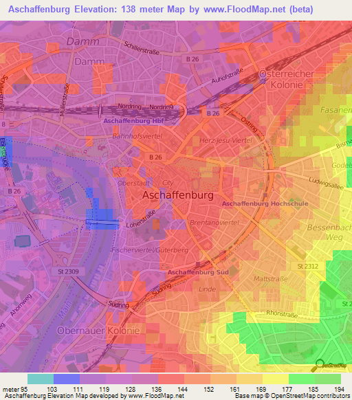 Aschaffenburg,Germany Elevation Map