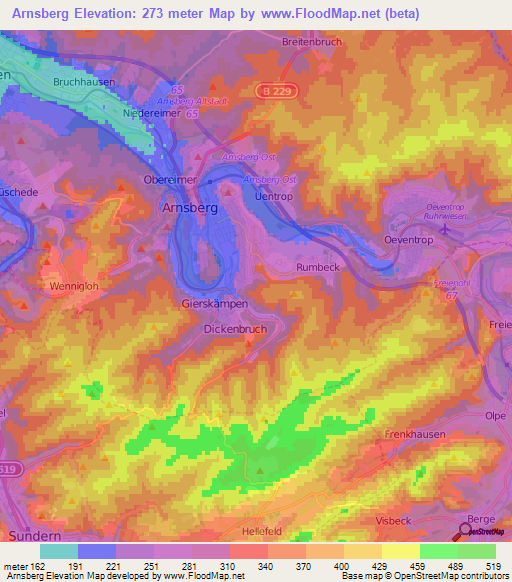 Arnsberg,Germany Elevation Map