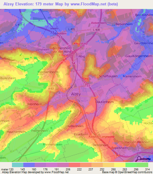 Alzey,Germany Elevation Map