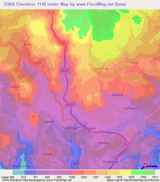 Ziftlik,Turkey Elevation Map