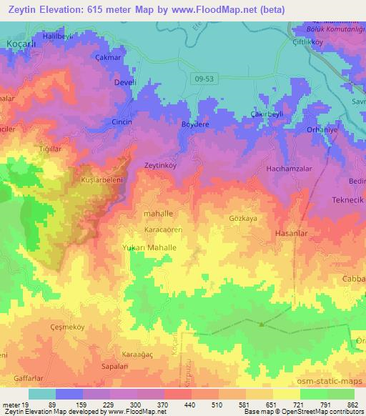 Zeytin,Turkey Elevation Map