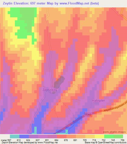 Zeytin,Turkey Elevation Map