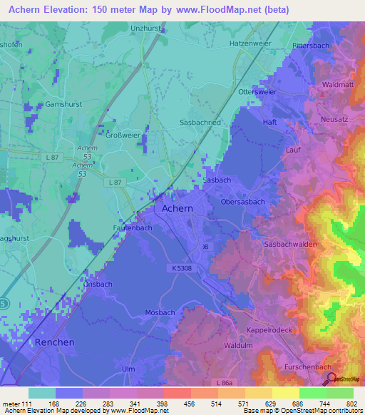 Achern,Germany Elevation Map