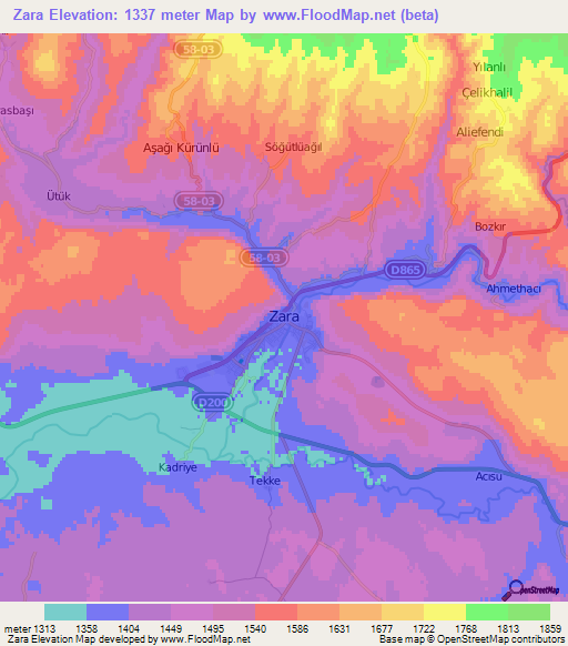 Zara,Turkey Elevation Map