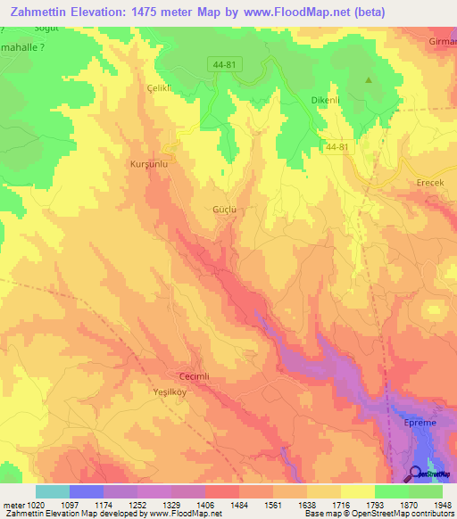 Zahmettin,Turkey Elevation Map