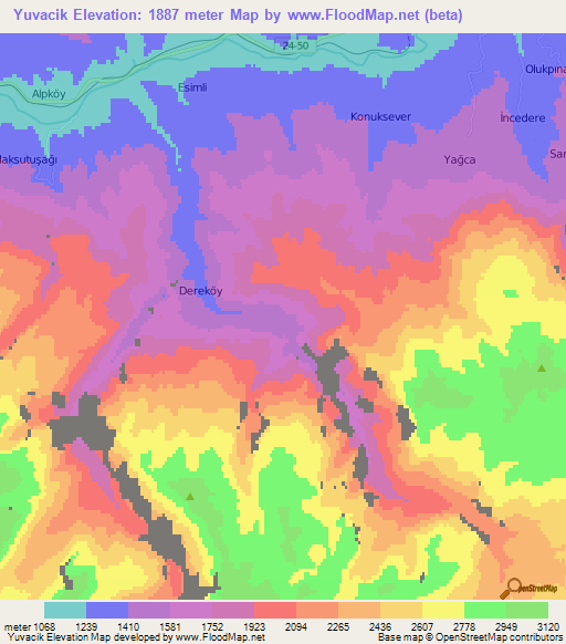 Yuvacik,Turkey Elevation Map