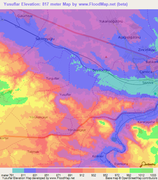 Yusuflar,Turkey Elevation Map