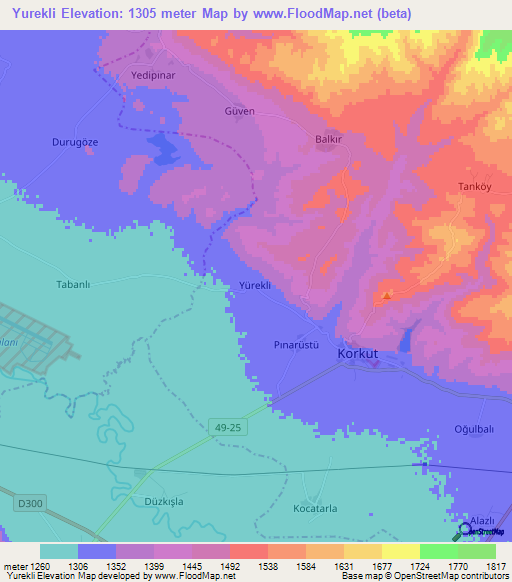 Yurekli,Turkey Elevation Map