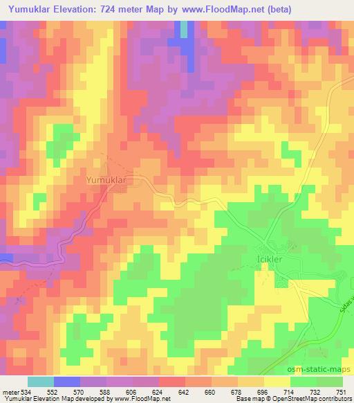 Yumuklar,Turkey Elevation Map