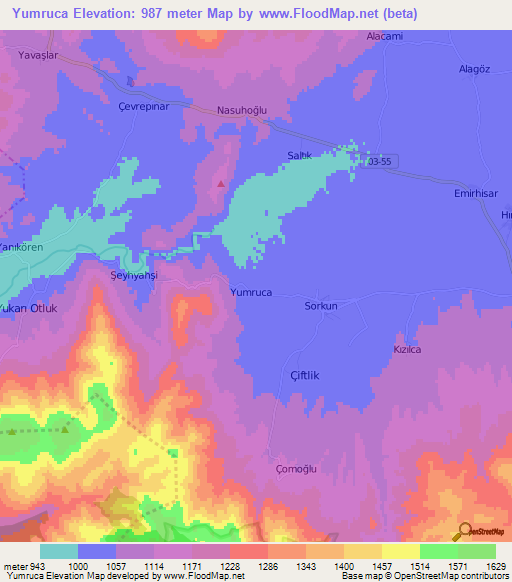 Yumruca,Turkey Elevation Map