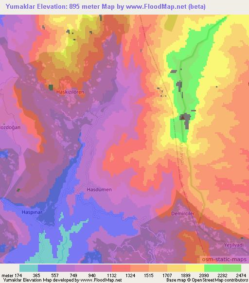 Yumaklar,Turkey Elevation Map