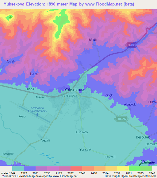 Yuksekova,Turkey Elevation Map