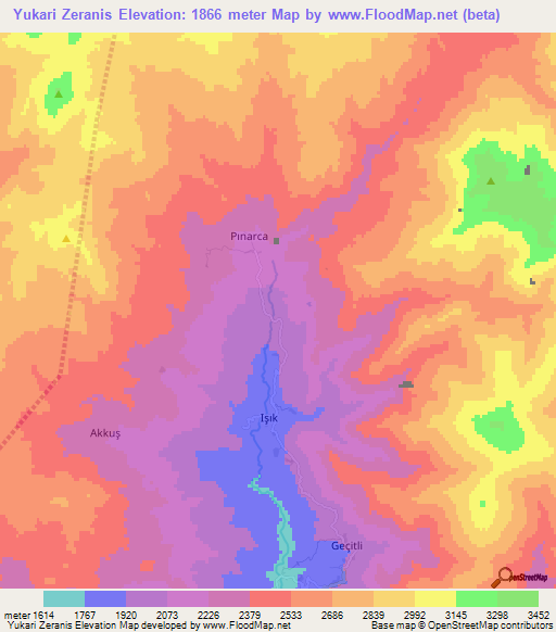 Yukari Zeranis,Turkey Elevation Map