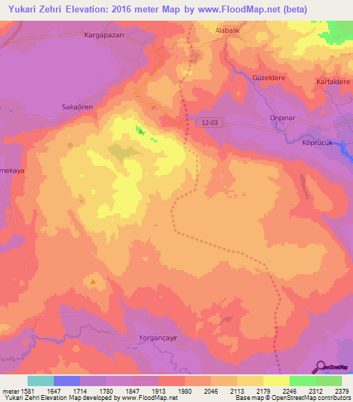 Yukari Zehri,Turkey Elevation Map