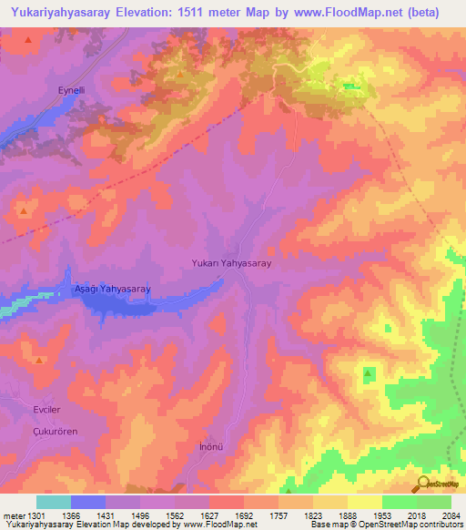 Yukariyahyasaray,Turkey Elevation Map