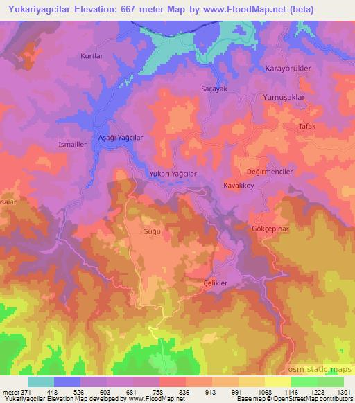 Yukariyagcilar,Turkey Elevation Map