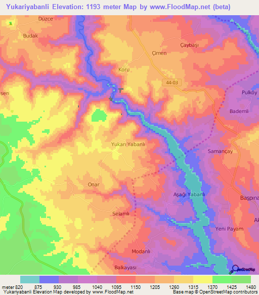 Yukariyabanli,Turkey Elevation Map