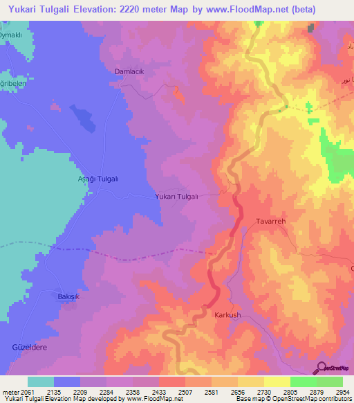 Yukari Tulgali,Turkey Elevation Map