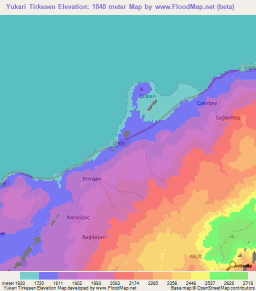 Yukari Tirkesen,Turkey Elevation Map