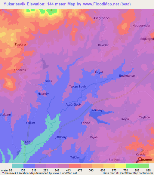 Yukarisevik,Turkey Elevation Map