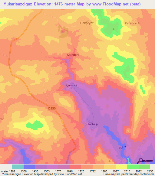 Yukarisazcigaz,Turkey Elevation Map