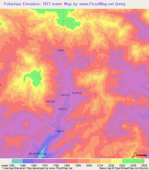 Yukarisaz,Turkey Elevation Map