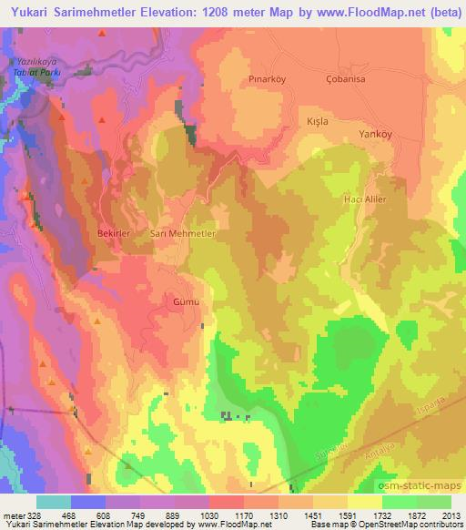 Yukari Sarimehmetler,Turkey Elevation Map