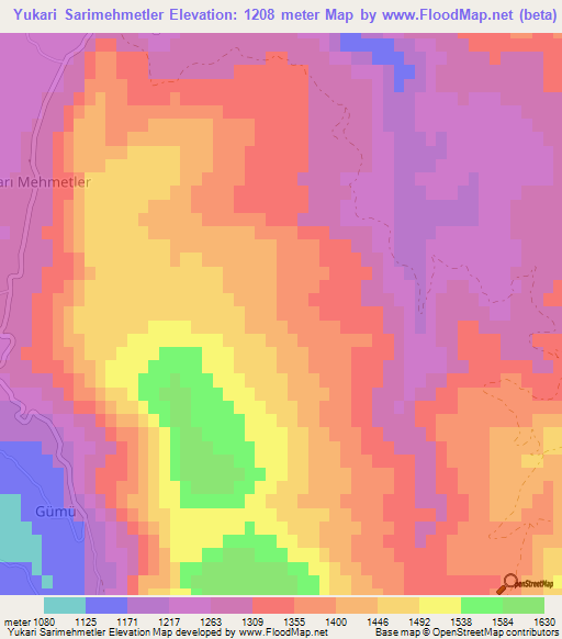 Yukari Sarimehmetler,Turkey Elevation Map