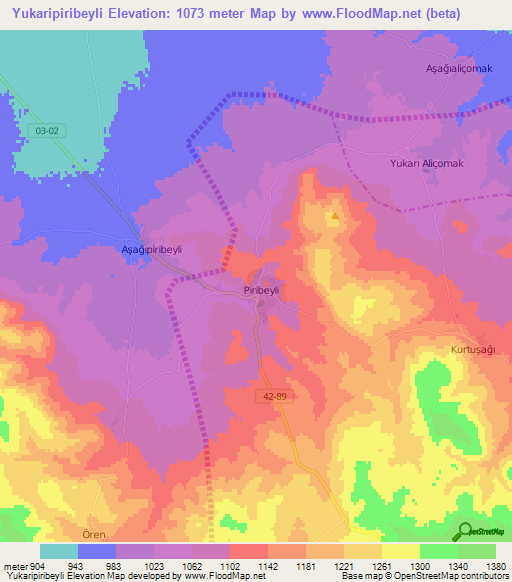 Yukaripiribeyli,Turkey Elevation Map