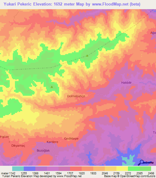 Yukari Pekeric,Turkey Elevation Map