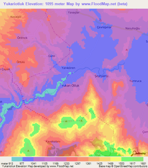 Yukariotluk,Turkey Elevation Map