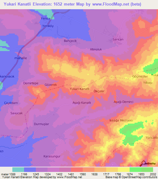 Yukari Kanatli,Turkey Elevation Map