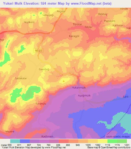 Yukari Mulk,Turkey Elevation Map