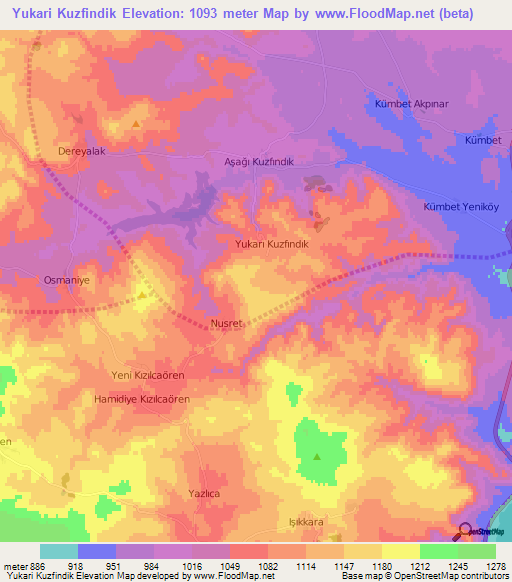 Yukari Kuzfindik,Turkey Elevation Map