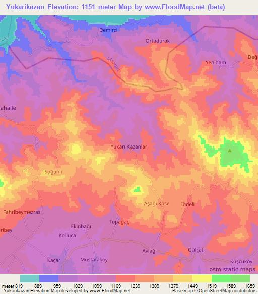 Yukarikazan,Turkey Elevation Map