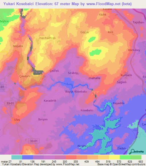 Yukari Kosebalci,Turkey Elevation Map