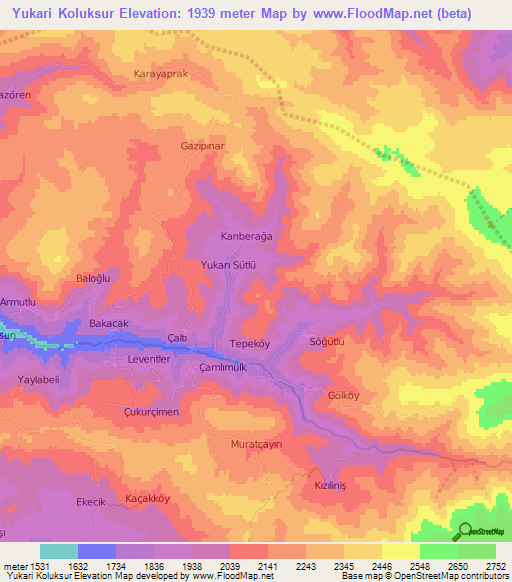 Yukari Koluksur,Turkey Elevation Map