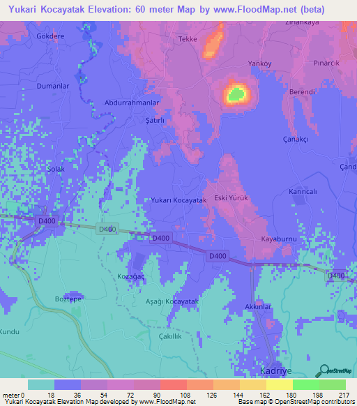 Yukari Kocayatak,Turkey Elevation Map