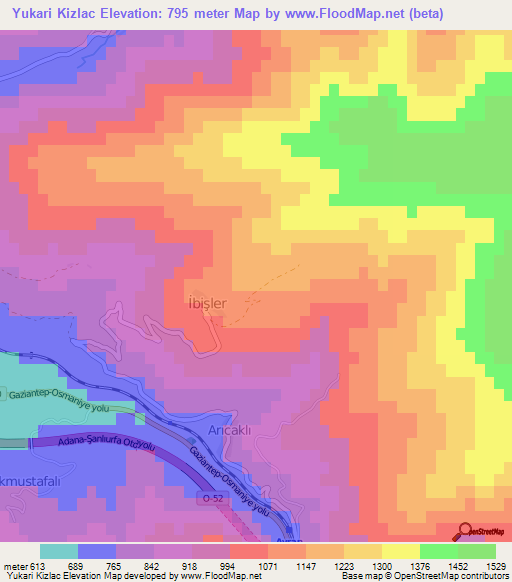 Yukari Kizlac,Turkey Elevation Map