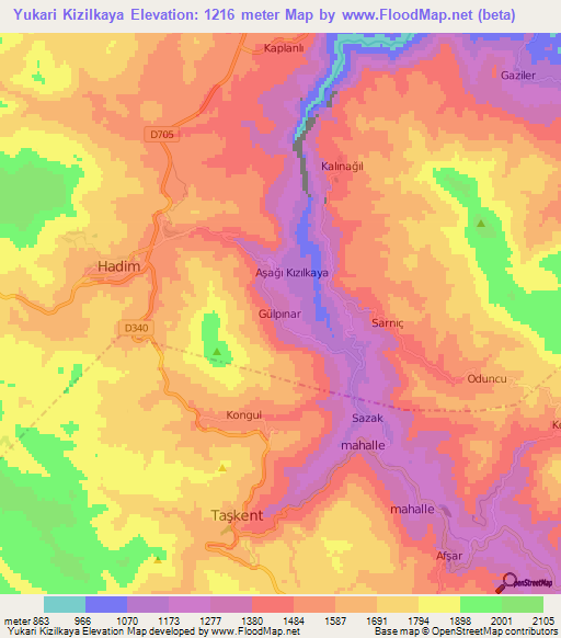 Yukari Kizilkaya,Turkey Elevation Map