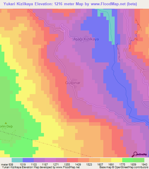 Yukari Kizilkaya,Turkey Elevation Map