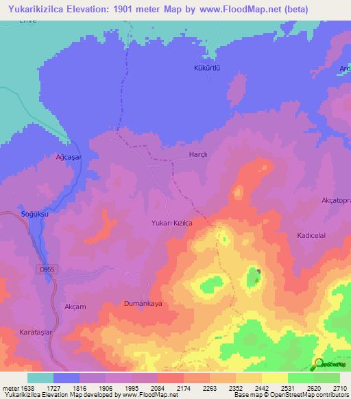 Yukarikizilca,Turkey Elevation Map