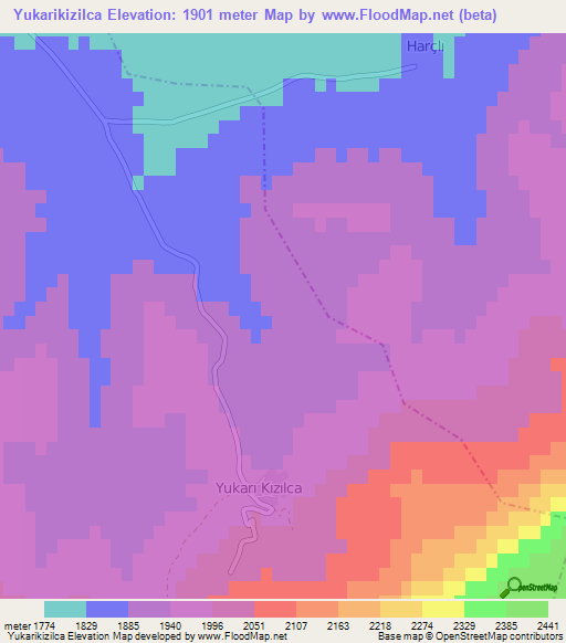 Yukarikizilca,Turkey Elevation Map