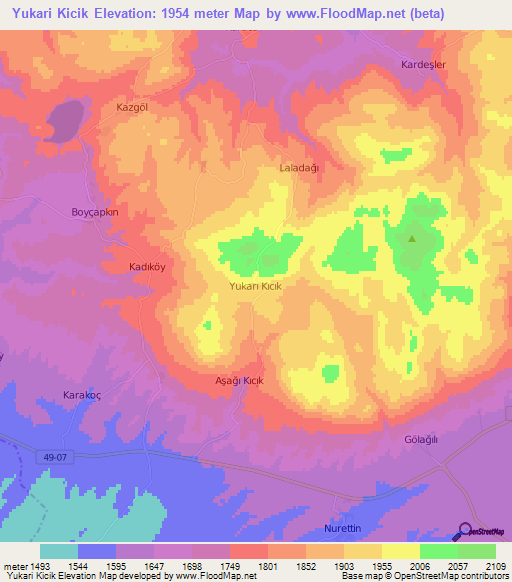 Yukari Kicik,Turkey Elevation Map