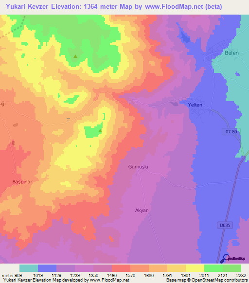 Yukari Kevzer,Turkey Elevation Map