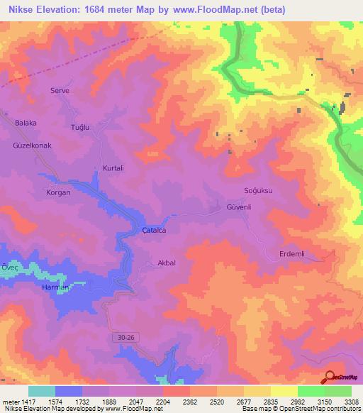 Nikse,Turkey Elevation Map