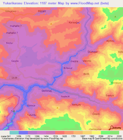 Yukarikarasu,Turkey Elevation Map