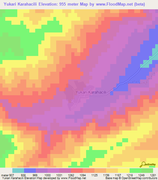 Yukari Karahacili,Turkey Elevation Map